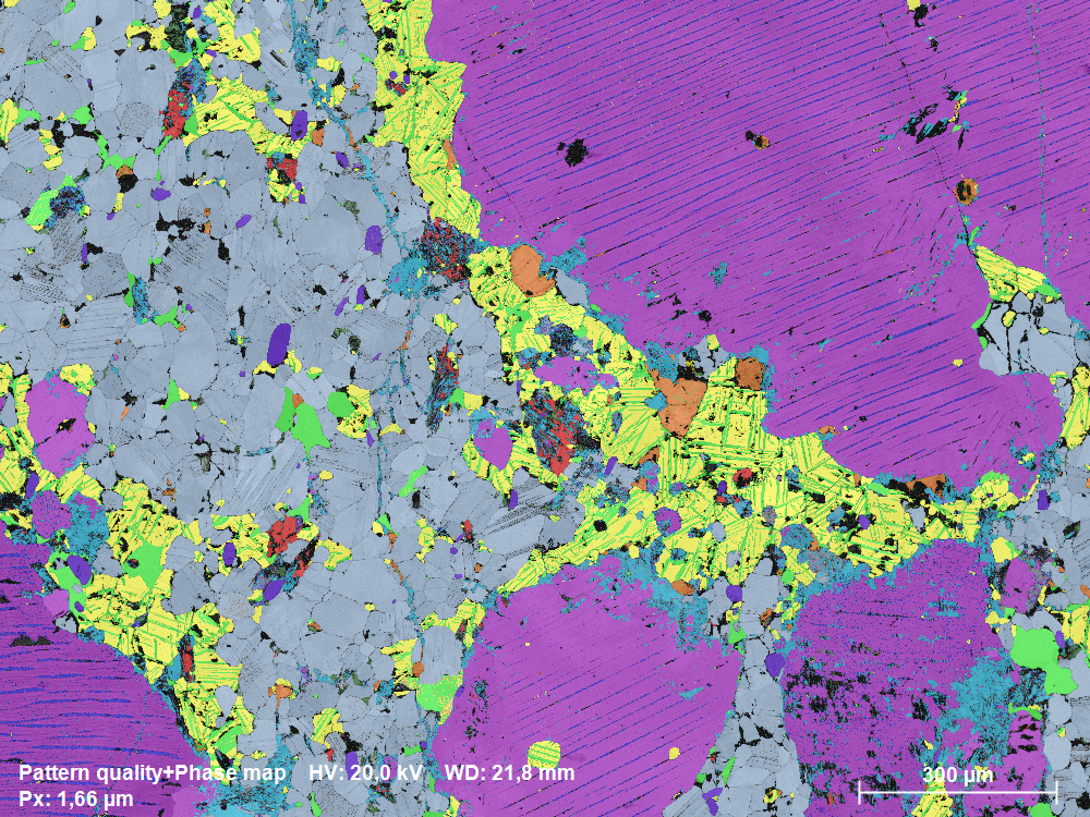 Phase distribution map of an ocean rock showing 10 different phases as well as exclusions/pores