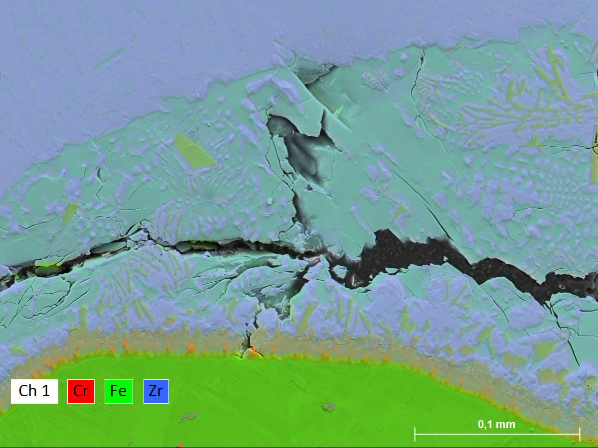 Elemental map of a failed welding seam taken using SEM EDS.