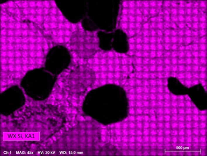 X-ray element distribution map for Si and W acquired on an electronic microchip of an SDD