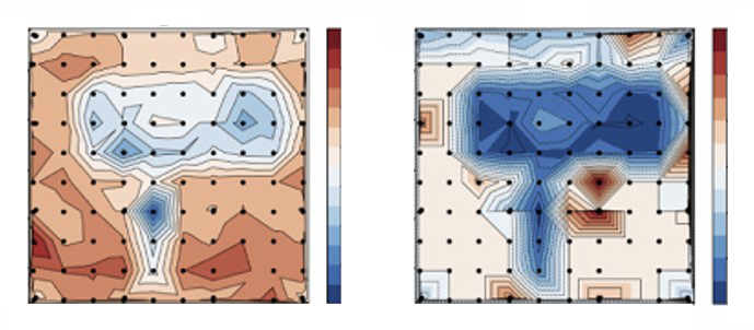 Map of Vc+ created by collecting spectra at points in a 10x10 matrix; Map of V0+ showing previously polled region.