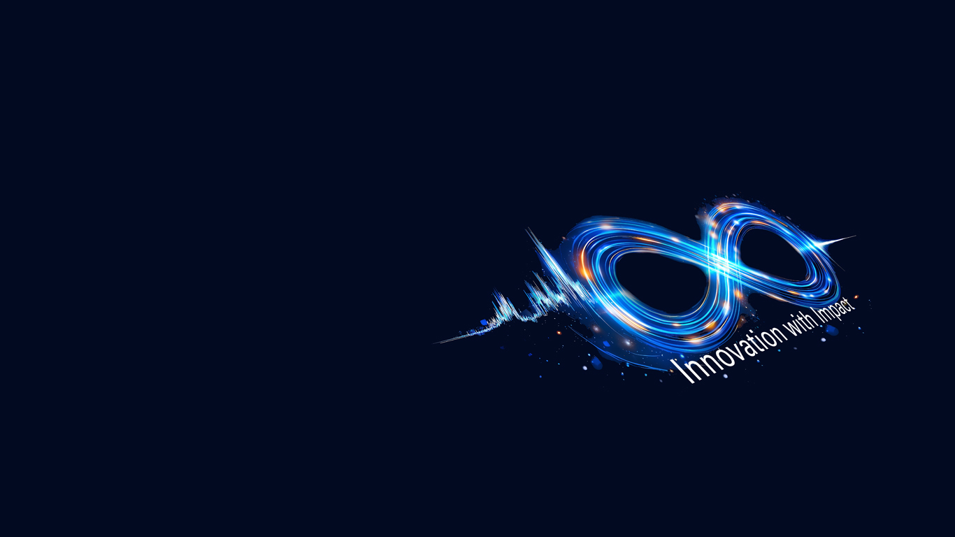 Figure 8 shape made of light rays along with the text Innovation with Impact on black background