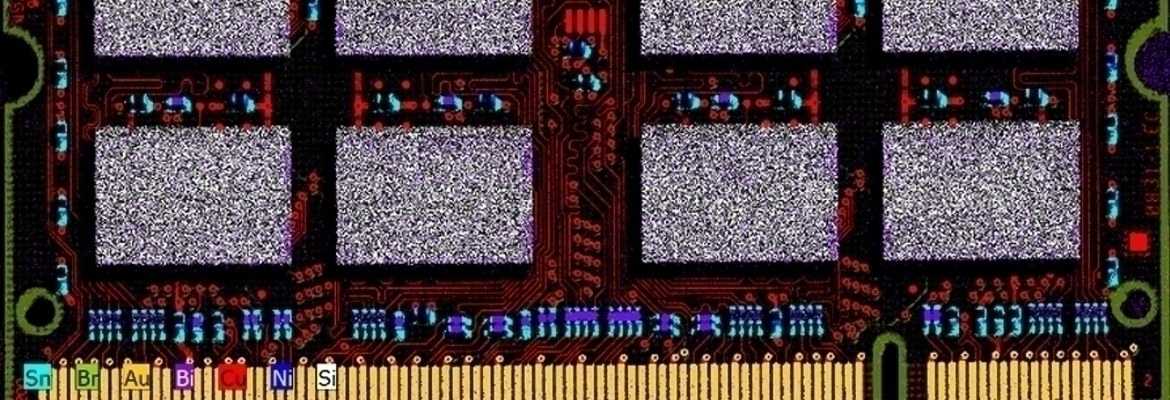 Element distribution for Sn, Br, Au, Bi, Cu, Ni, and Si on a PCB (memory module)