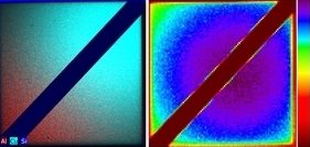 Spatial distribution of composition (left) and analyzed thickness (right) of an Al-Cu-alloy on a glass substrate