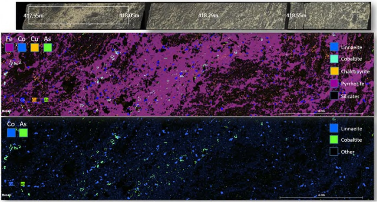 Elemental Hypermaps of drill core focusing on elements of interest, namely, Fe, Co, As and Cu