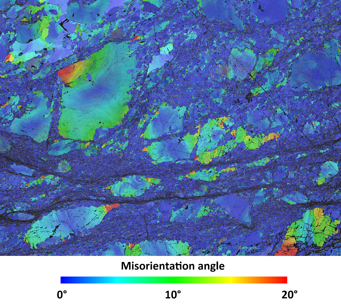 Strain localization EBSD map of a lherzolite mylonite with olivine type B-CPO. Sample from Lers, France. figure width = 5,2mm.