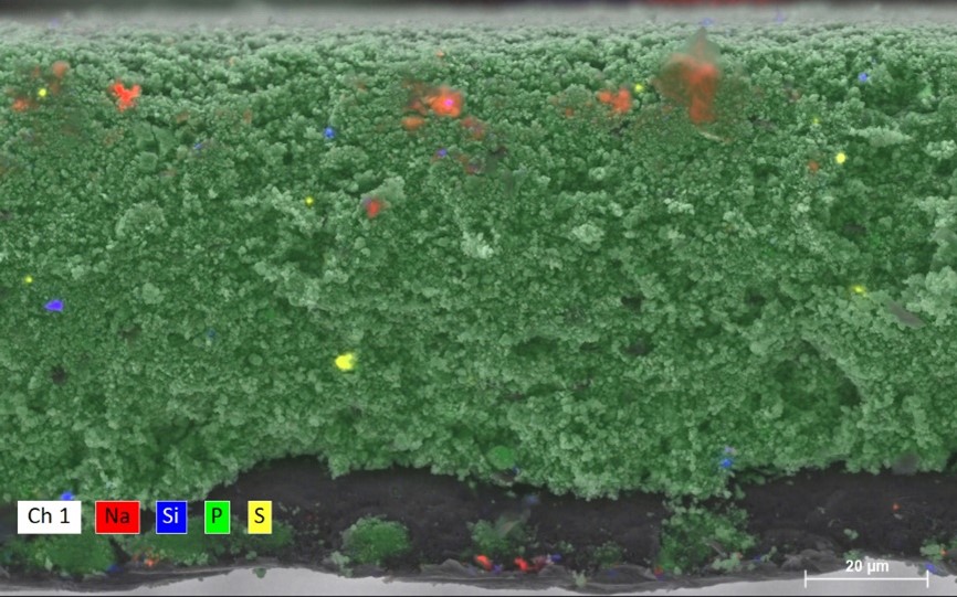EDS map of a cathode sample in cross section with SE image overlay measured with Bruker XFlash FlatQUAD.