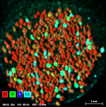 SEM-XRF scan of sand that clearly identifies the various mineral grains present.