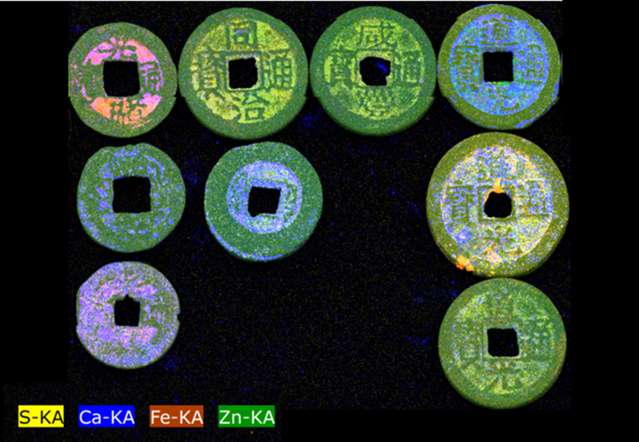 Surface heterogeneity of a set of historic Chinese coins dated 1667 to 1911 revealed by micro-XRF mapping with a M4 TORNADO showing corrosion layers and surface remnants that hamper quantitative analysis of the copper alloy.