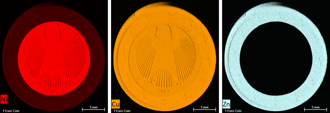 Element intensity map of Ni, Cu, and Zn from a Euro coin clearly indicating the different compositions.