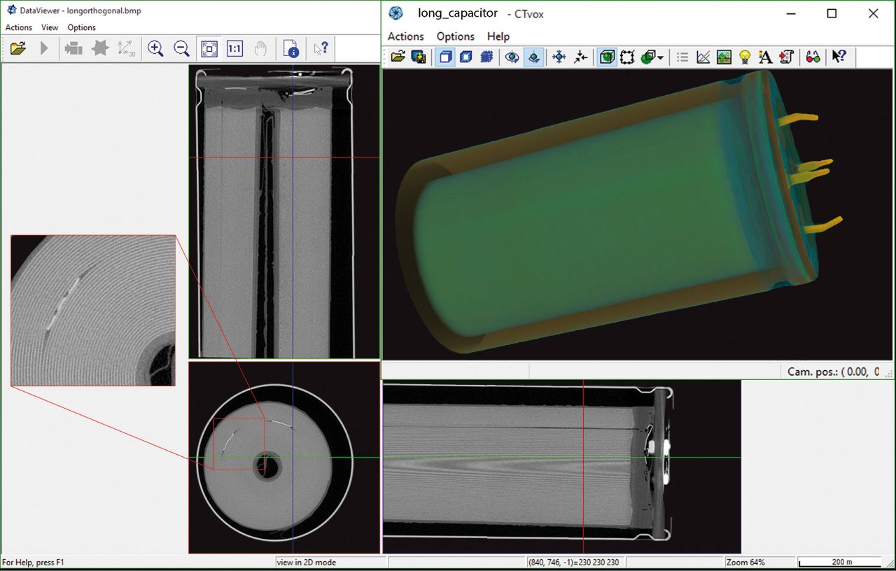 Orthogonal slices and volume render of a large capacitor