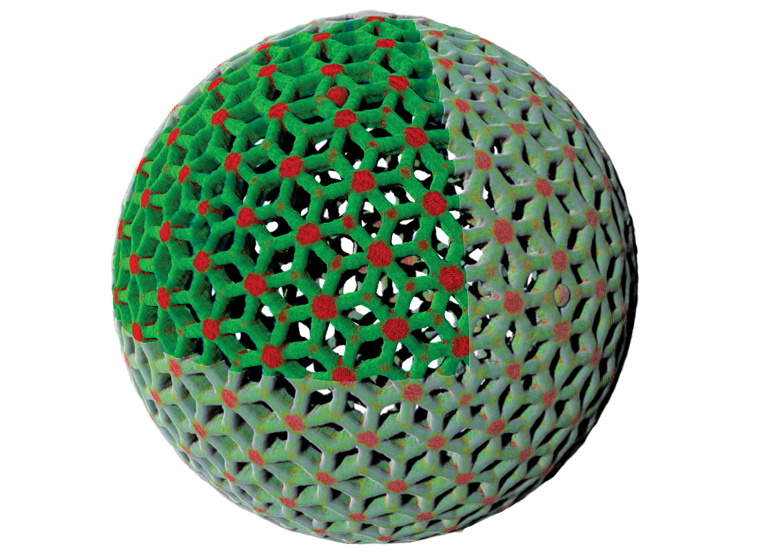 3D Image of a 3D printed ball structure for space applications color-coded according to thickness. Intersections in the structure are thicker than connecting parts.