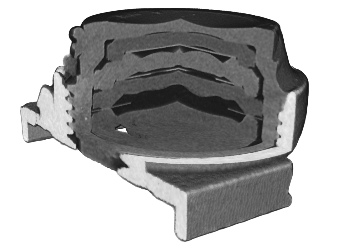 3D XRM image of the stacked lenses within a camera lens. Each lens can be differentiated aswell as the negative space between them and joining pins.