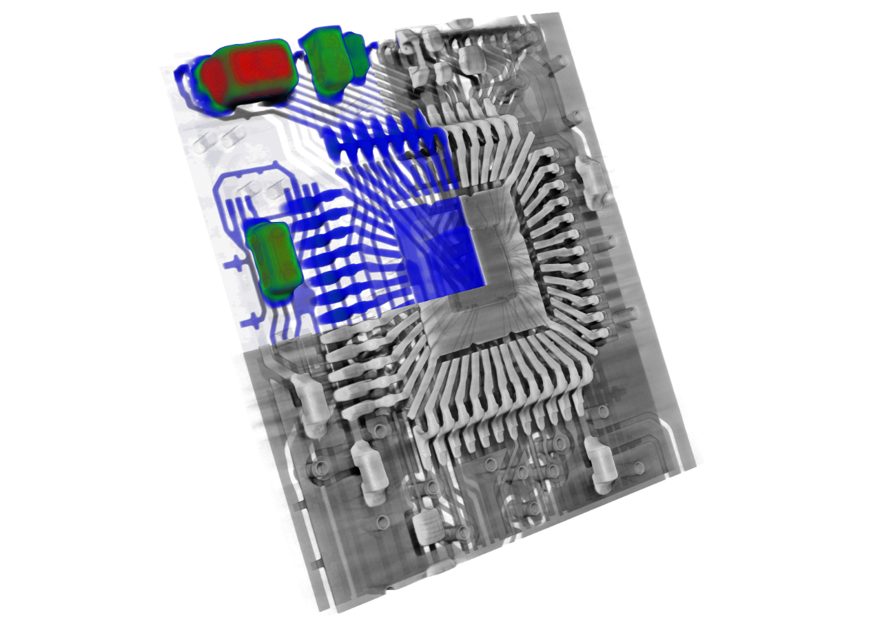 3D X-ray image of an electronic chip showing a partial cross-section. Thickness analysis reveals the thickness of internal chip components. 