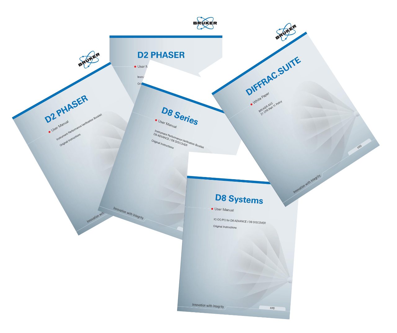 Collection of Bruker prod-uct brochures, including D2 PHASER, D8 Series, D8 Sys-tems, and DIFFRAC.SUITE manuals.