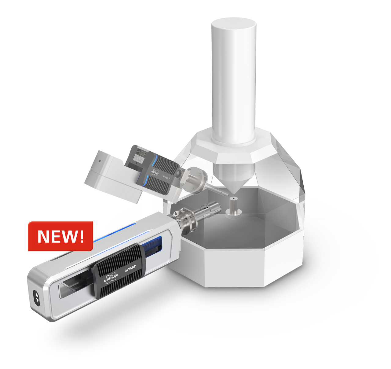 Image of eWARP DED EBSD detector on a SEM mockup. An XFlash 7 EDS detector is also shown on the SEM. 