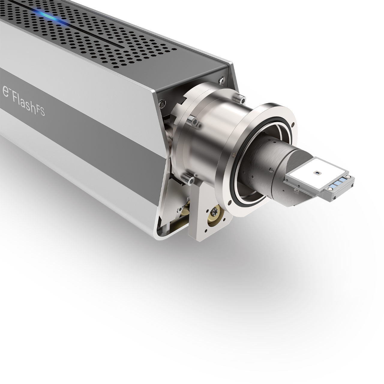 OPTIMUS 2 EBSD detector head - the flat detector head sits parallel to the detector body, making it perpendicular to the electron beam.