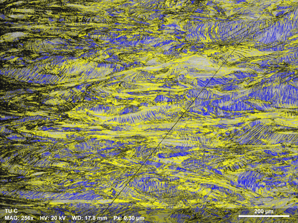  Pattern quality map, taken using large area mapping EBSD, showing the grain boundaries in a medical implant steel sample produced using additive manufacturing / 3D printing