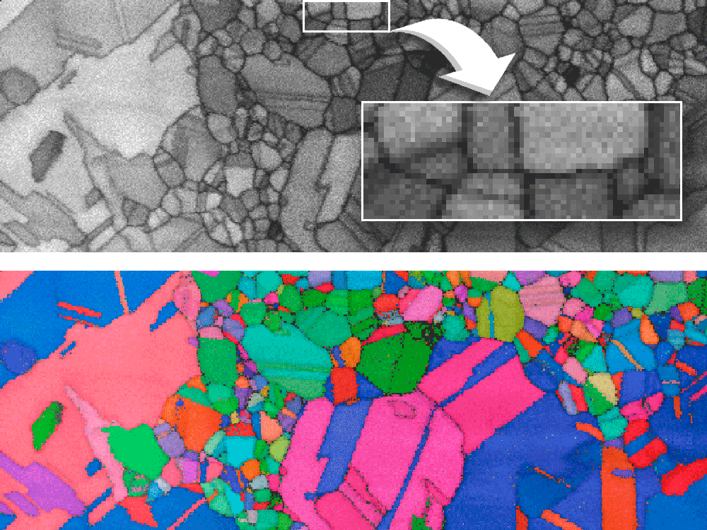 Pattern quality map and corresponding raw orientation map acquired at 100 fps with a 4 nm step size from a FIB prepared Au sample using ~0.6 nA probe current and 28 kV EHT. The effective spatial resolution is at least 3 nm.