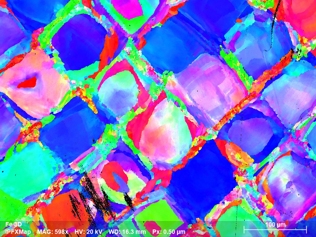 Fig. 4: Orientation distribution results (IPF X map) of the same area measured by standard EBSD measurement (i.e. using a regular grid of points) using the same beam and geometry settings as in Fig. 3.