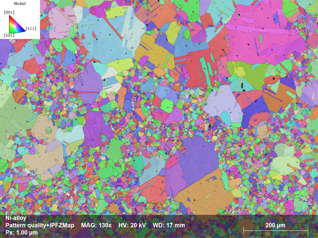 Fig. 1.2: Crystal orientation map of the Ni-alloy sample, displaying the orientation of each grain by relating the color code described in the upper left corner with the sample surface normal; acquisition speed: 510frames/sec, zero solutions: 1.3%. No data cleaning applied!