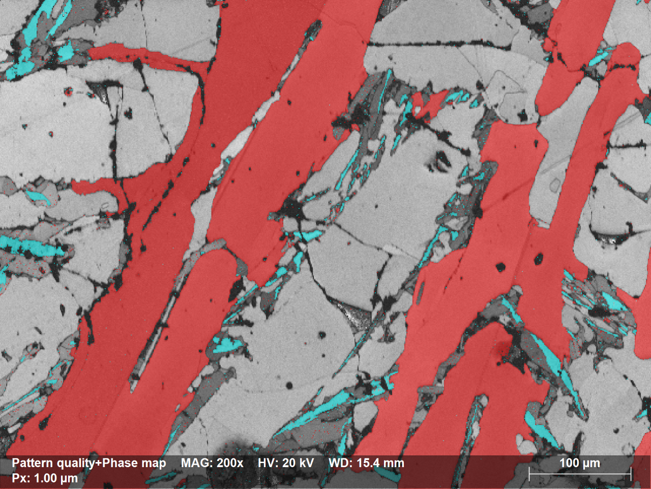 Fig. 1.4: Functioning principle of “Advaced Phase ID” feature used offline (Part II); regions colored in “aqua” represent grains of Zirconium Silicide (ZrSi2); map was reanalyzed in 13seconds at a speed of more than 24,000 points/sec.