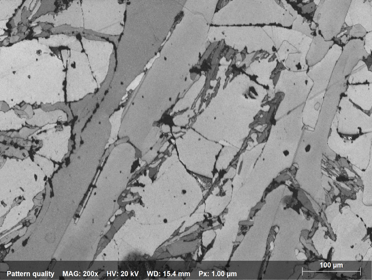 Fig. 1.1: Pattern Quality Map depicting the microstructure of highly alloyed Fe-Si ceramic composite; EBSD and EDS maps were acquired simultaneously using e-Flash XS and respectively XFlash EDS detector mounted on JSM IT200 SEM.