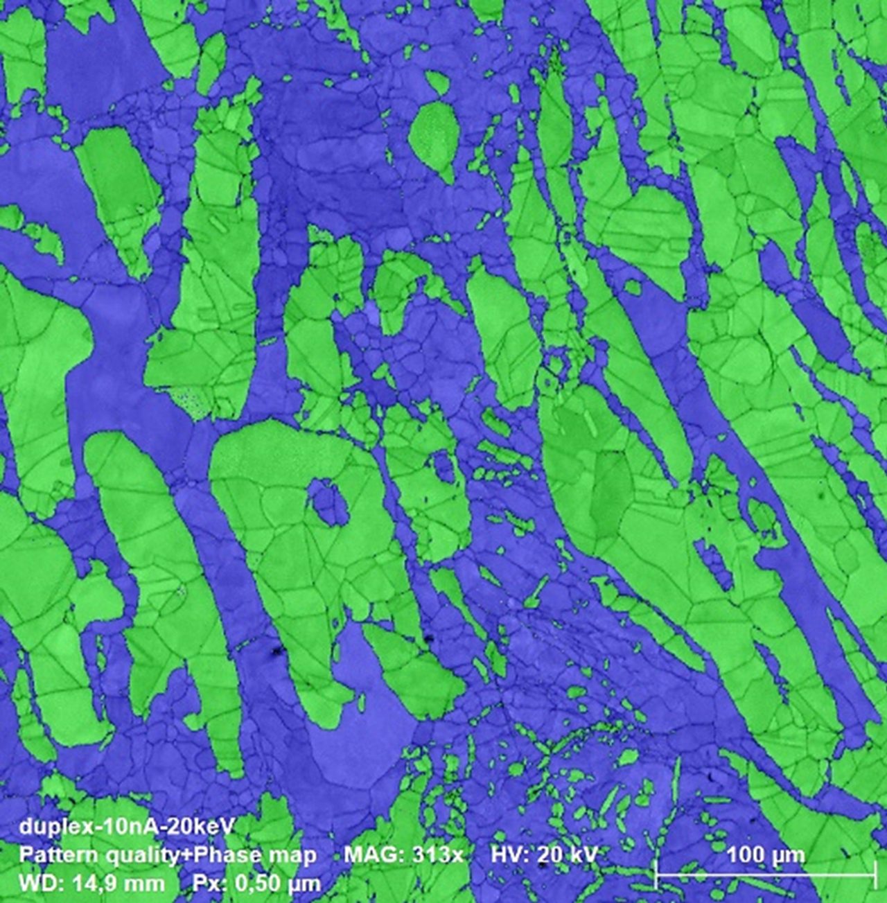 Phase distribution map showing ferrite and austenite phases taken using routine EBSD analysis