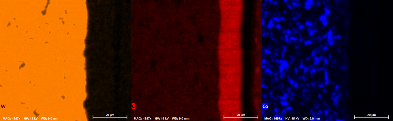 Fig. 3: EDS map of WC substrate and Co binder in super hard cutting tools