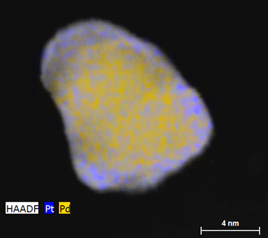 HAADF image of a Pd Pt core shell  particle overlaid with qualitative Pd/Pt maps