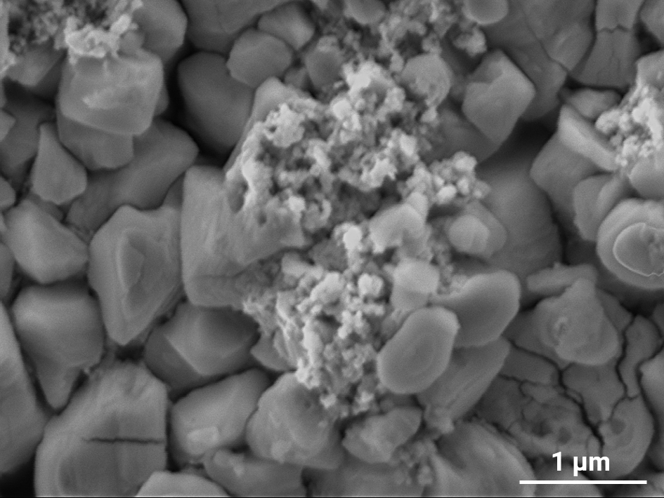 SE image of a processed battery electrode sample showing the presence of highly topographic features such as peaks and crevices