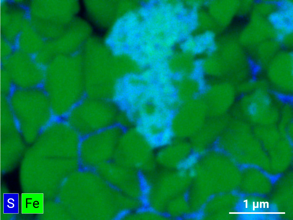 Element map showing the distribution of sulfur and iron on the internal surface of an iron-air battery following cycling . Thanks to the annular design of the EDS detector used sulfur can be seen in the crevices of the sample.