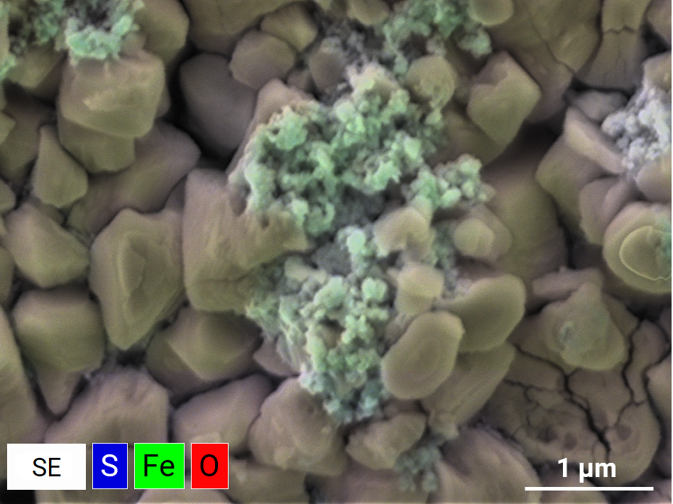 EDS element maps showing the distribution of sulfur, iron and oxygen in a processed iron-air battery. The elemental maps show that sulfur has been redistributed into areas of localized concentrations on the battery surface