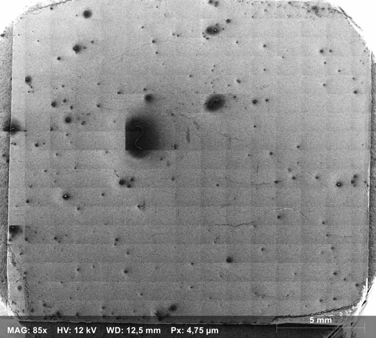 secondary electron image of a graphite anode sample. Some holes are visible. 