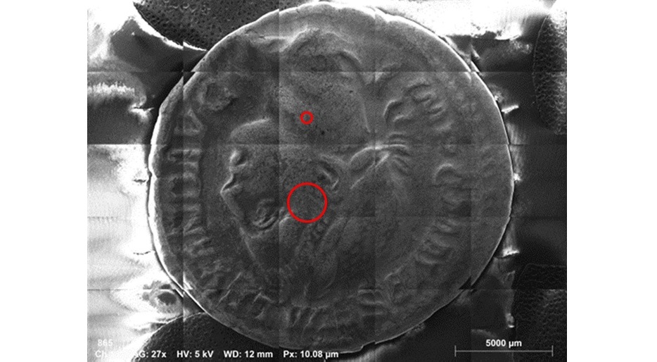 Image of a roman coin taken using a SEM equipped with micro-XRF - the different spot sizes available using the XTrace 2 X-ray source are shown