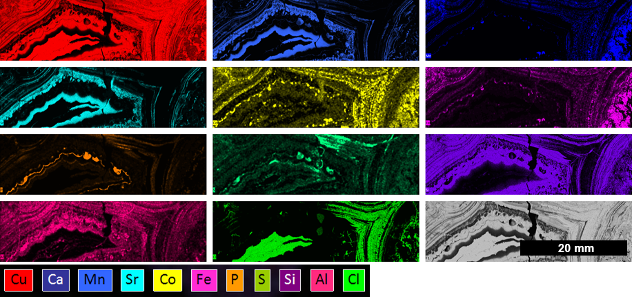 Elemental maps taken using SEM XRF of a Cu rich deposit. Elemental maps for Cu, Ca, Mn, Sr, Co, Fe, P, S, Si, Al, Cl are shown. The presence of different elements in different seams and grains is obvious. 