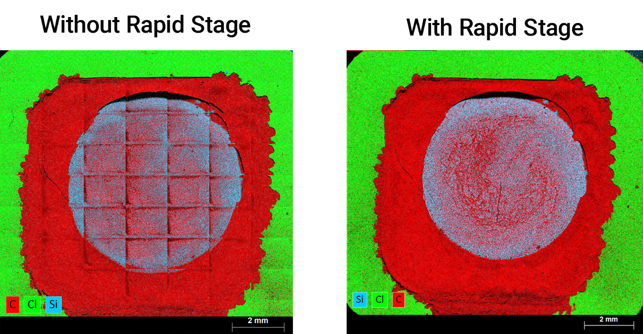comparison of elemental maps of a credit card chip. Left map shows many stitching effects, right map has no artefacts