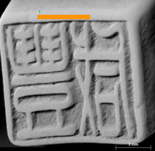 SEM image of the stamp showing a thin section on its top edge that was used for quantification via SEM XRF.