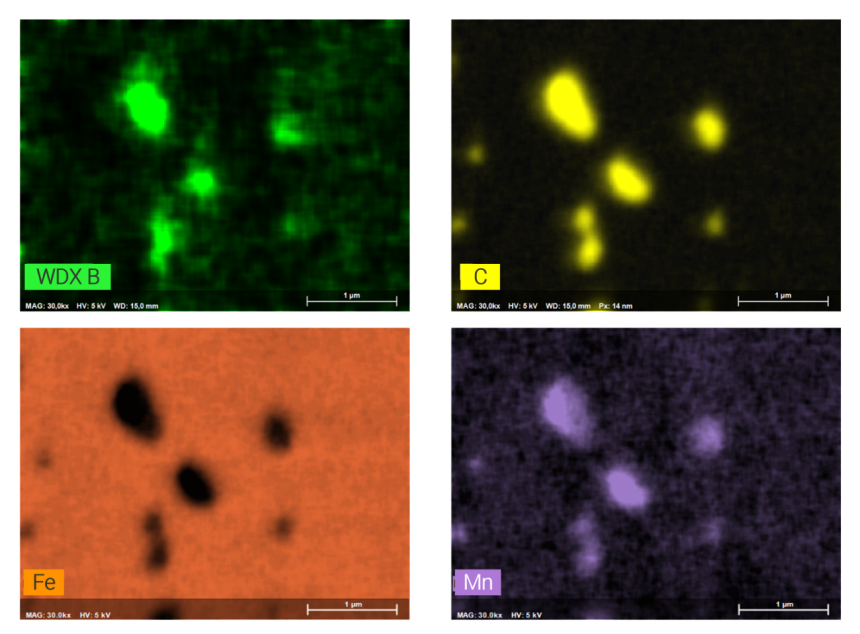Four single element distribution maps showing how boron, carbon and manganese are all present in the precipitated cementite phase whereas the bulk of the steel contains iron
