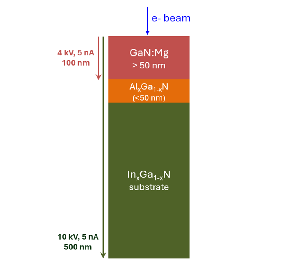 Schematic showing the composition of the nanowires and the below substrate. The two nanowire layers of GaN and Mg (greater than 50 nm thickness) and GaN and Al (less than 50 nm thickness) sit on a GaN and In substrate of greater, and unknown, thickness.