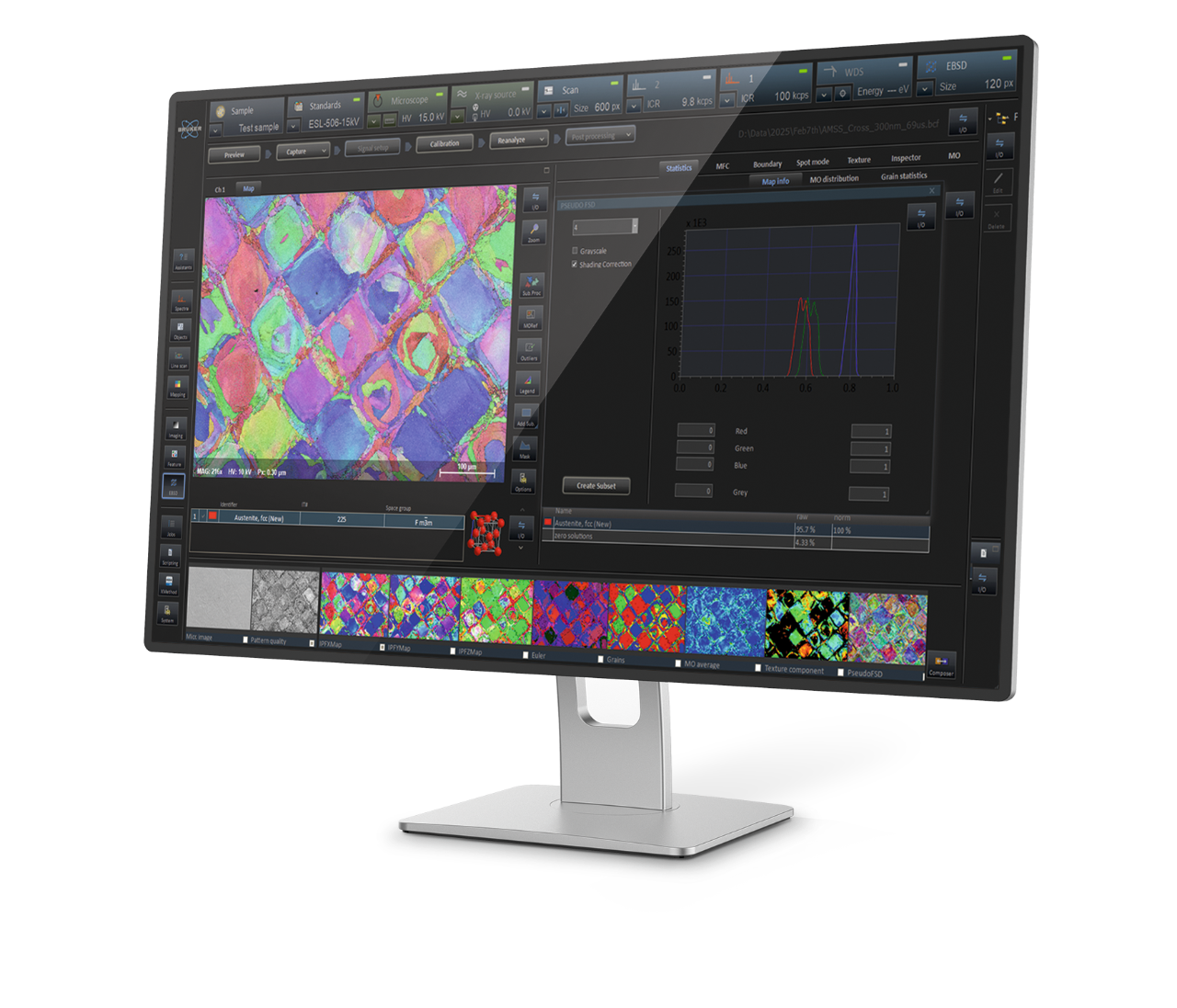 Image showing a computer screen with the ESPRIT analytical software running. On the screen an additively manufactured material is being analyzed.