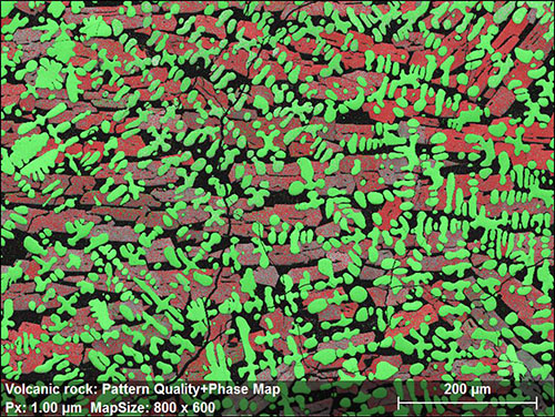 Volcanic rock containing fayalite and wuestite phases, indexed with manual phase selection