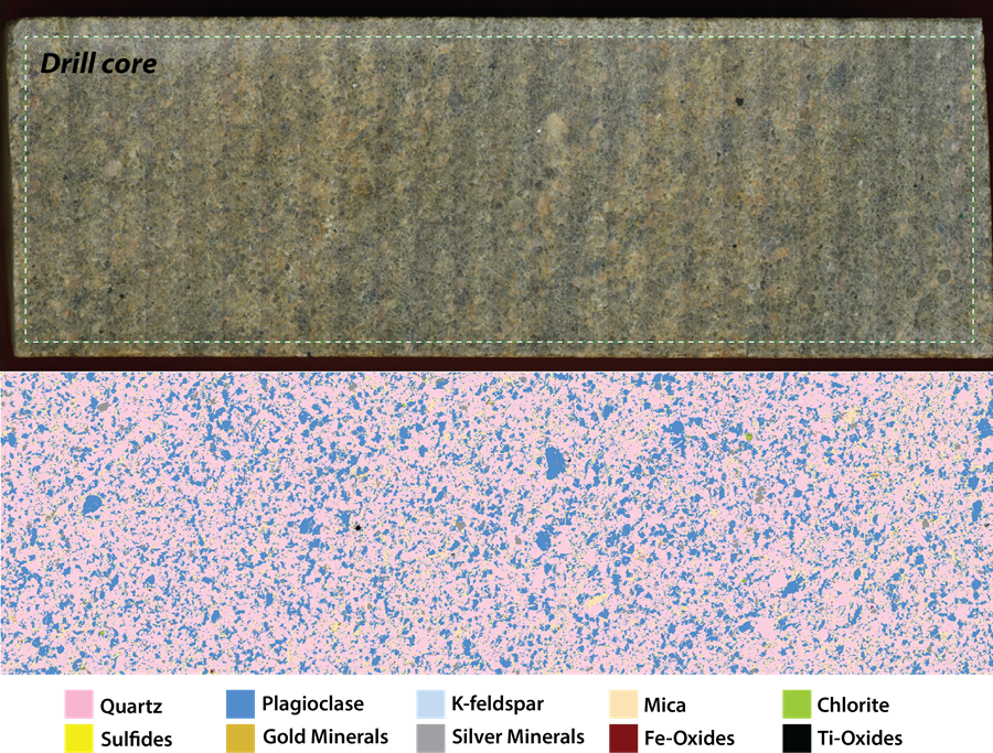 Top image is a visible light image of a drill core. Bottom image shows the same drill core image processed by AMICS. The bottom image is highlighted in false colors to indicate mineral distribution.
