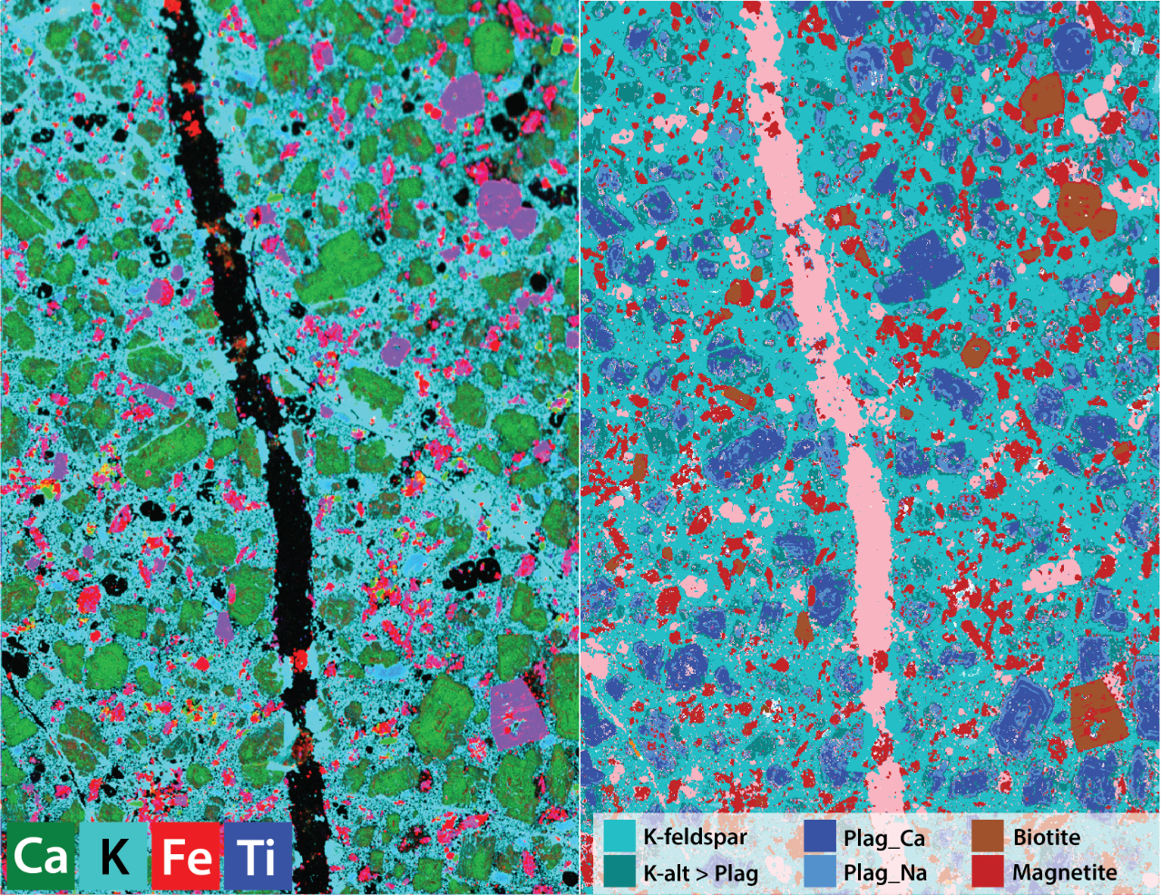 Micro-XRF image (left) and AMICS-processed mineral map (right). A vein runs through the center of the sample.