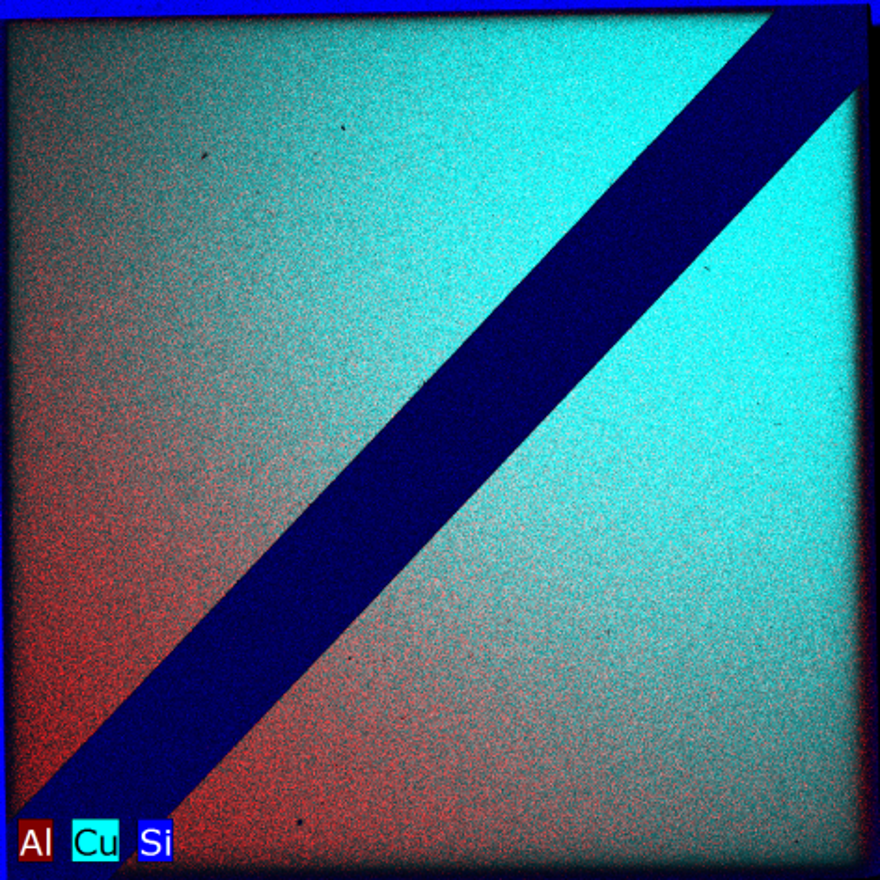 The whole sample area of 5 x 5 cm² was mapped with a spatial resolution of 50 µm with 50 ms measurement time per pixel. The elemental distribution of the layer elements Al and Cu clearly shows the concentration gradient.