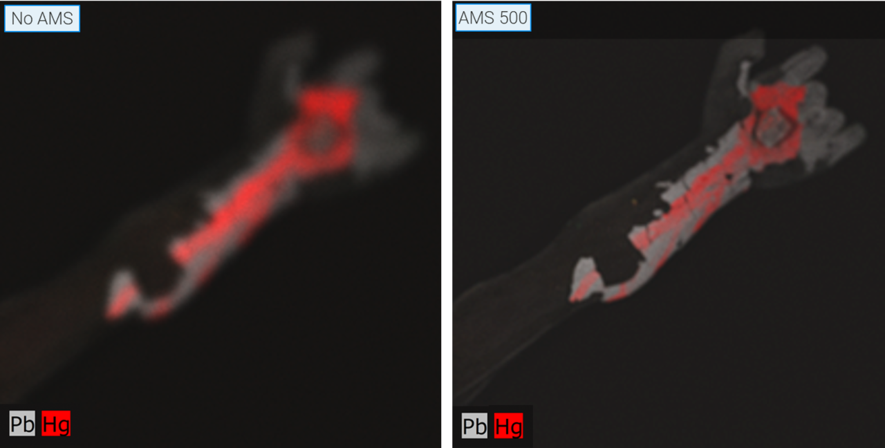 Elemental map comparison showing the benefit of an AMS even when features are far from the focal plane