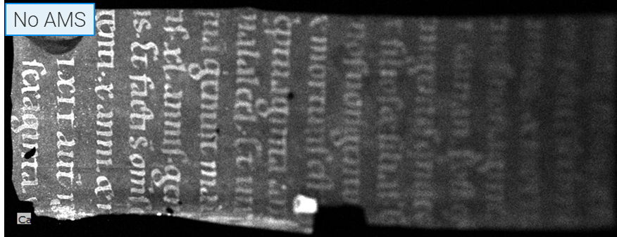 Elemental map  of calcium showing how the misallignment of a manuscript alongside no aperature management means not all of the ink is legible