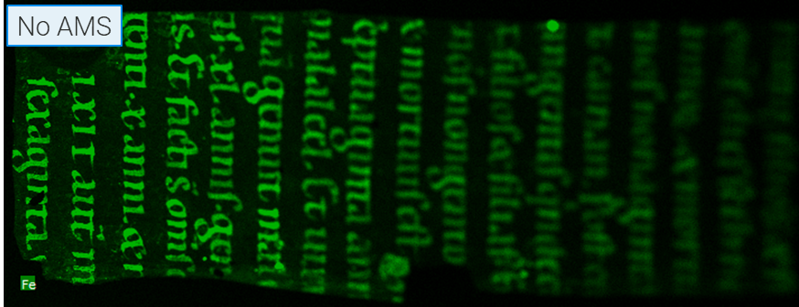 Elemental map of iron showing how the misallignment of a manuscript alongside no aperature management means not all of the ink is legible