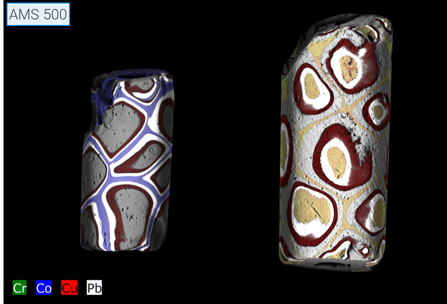 Elemental maps of decorated glass beads. Thanks to the use of an aperture management system features both on and outside of the focal plane are clearer