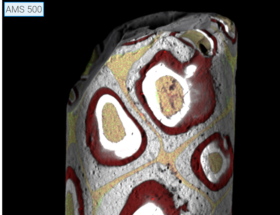 Elemental map taken with AMS of upper section of one of the glass beads. Features that would otherwise be blurred are visible in high-resolution