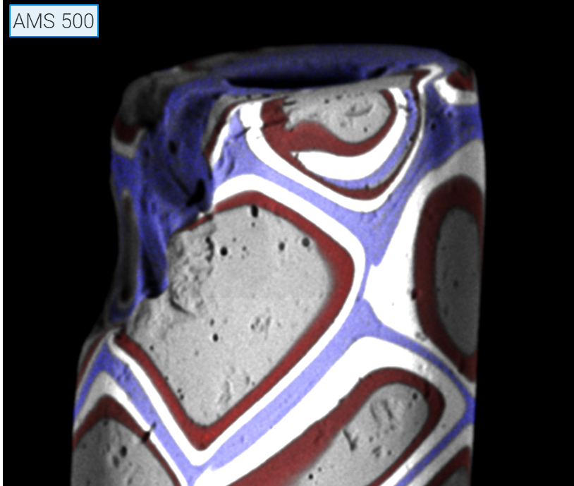Elemental map taken with AMS of upper section of one of the glass beads. Features outside of the focal plane that would otherwise be blurred are visible in high-resolution